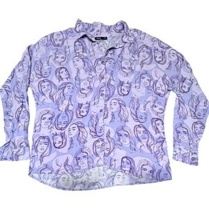 Red Sky Face Print Shirt Womens Size M Viscose Graphic Pop Art Purple Long Sleev